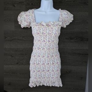 Storia Cottage Puff Sleeve Smocked Floral Mini Dress Size Medium